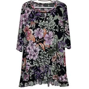 Unknown Brand Women's Black‎ Floral Purple 3/4 Sleeves High Low Blouse Peek Hole